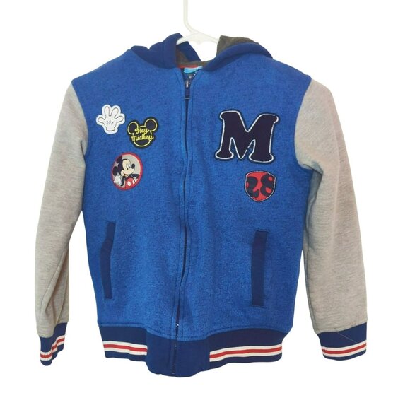 Disney Mickey Mouse Varsity Hoodie Jacket Blue & Gray Zip-Up Boys Size 7/8 - Picture 1 of 9